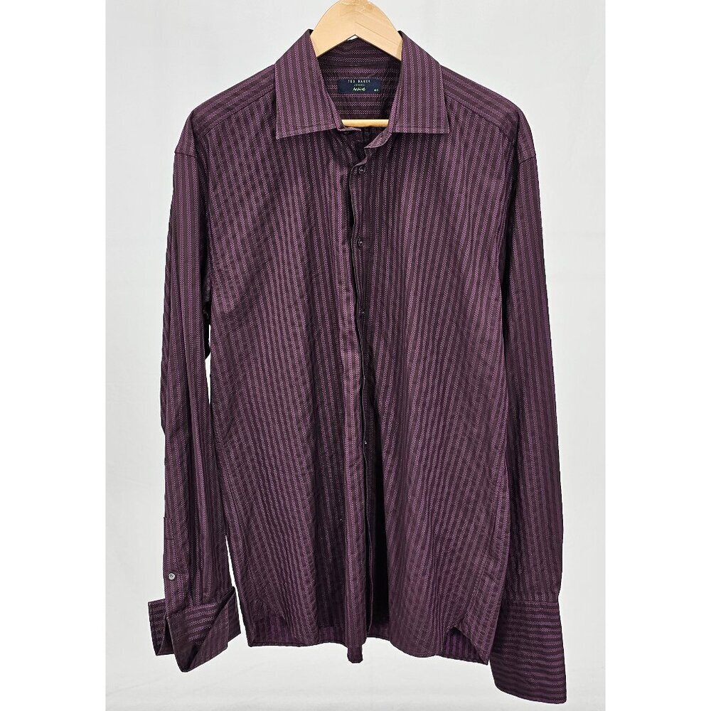 Ted Baker Size 16.5 Purple Brown Stripe Cotton LS Button Front French Cu…